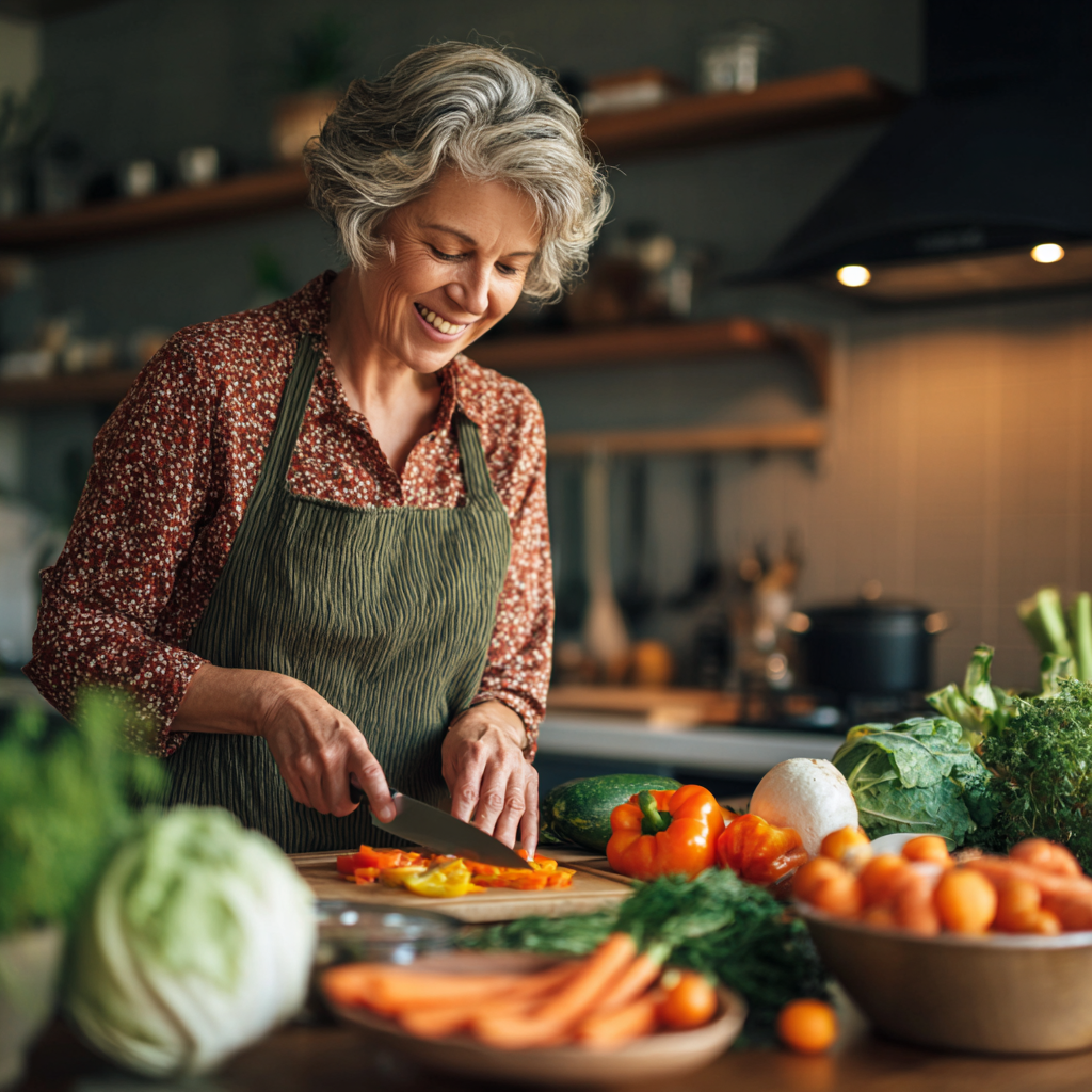 middle aged woman preparing nutritious meal