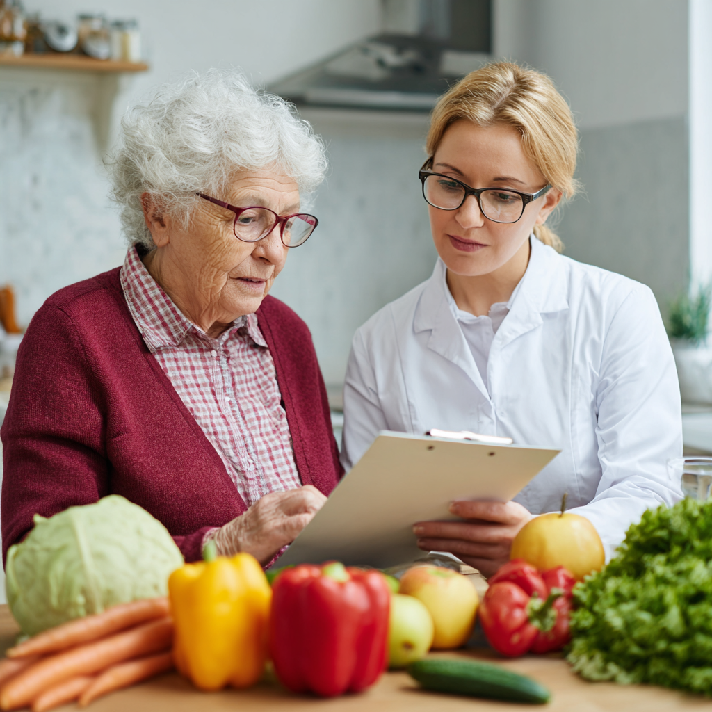 older adult discussing nutrition plan with specialist